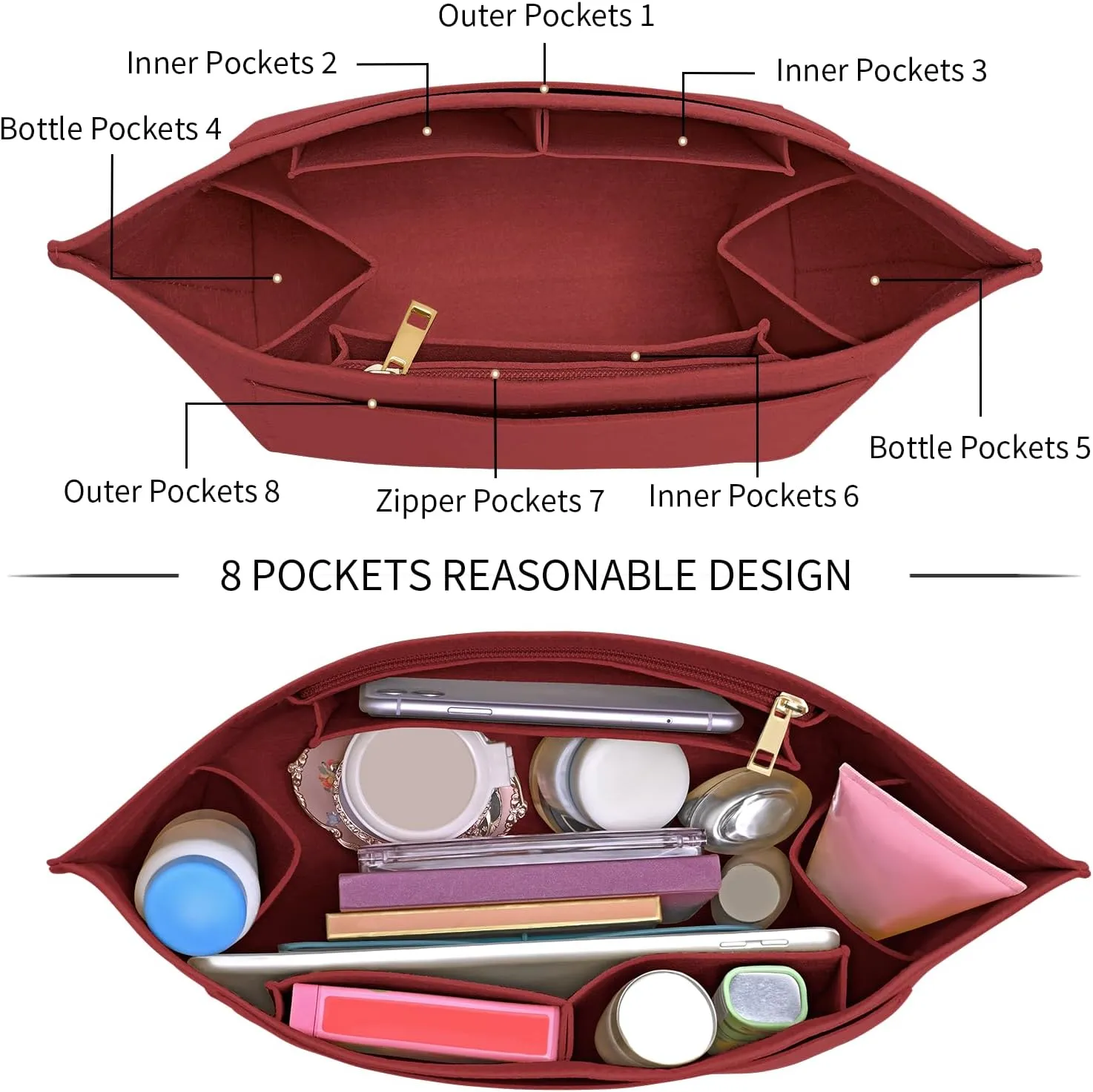 Upgraded Flet Organizer Insert for Longchamp Le Pliage M Handbag Insert (BurGundy, Medium)