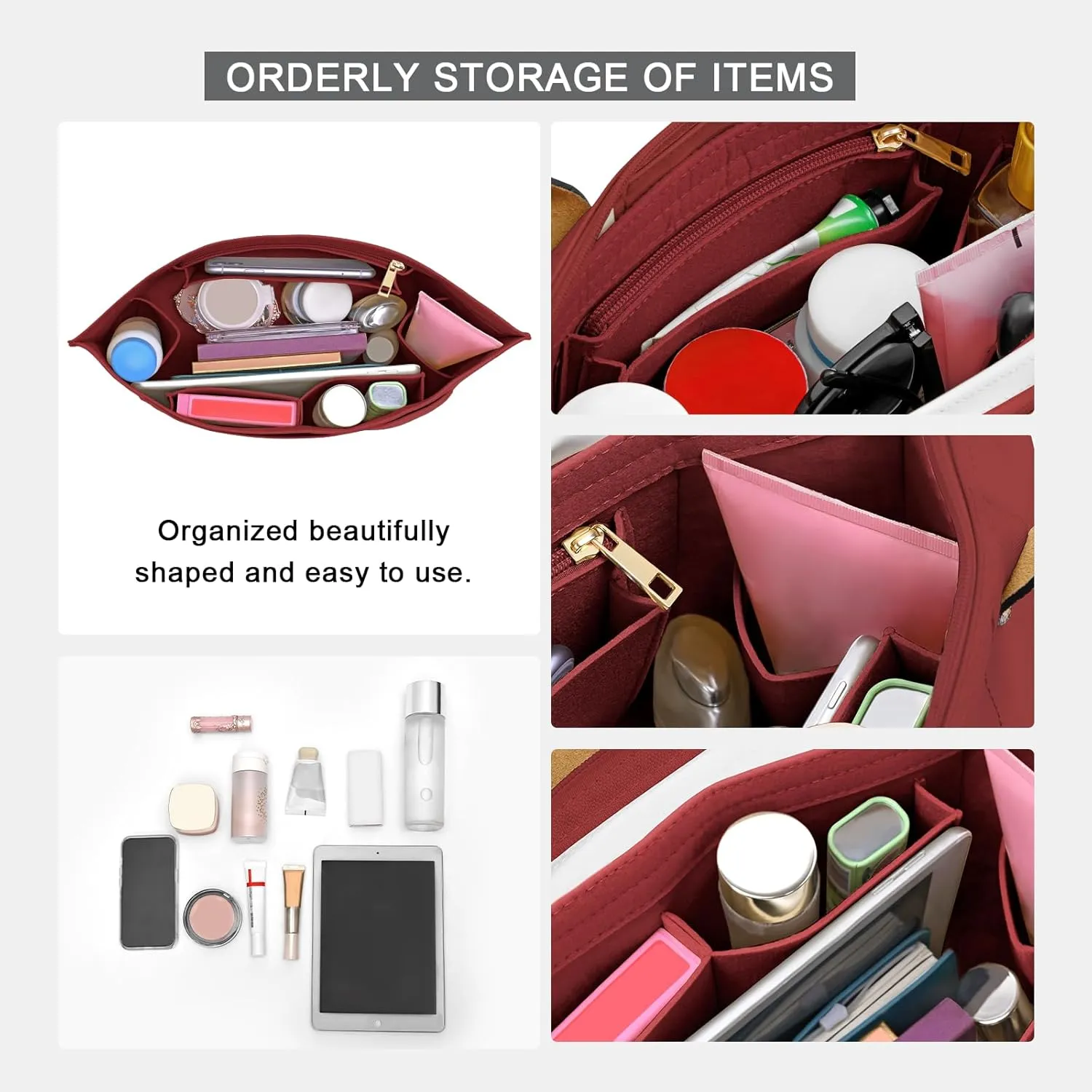 Upgraded Flet Organizer Insert for Longchamp Le Pliage M Handbag Insert (BurGundy, Medium)