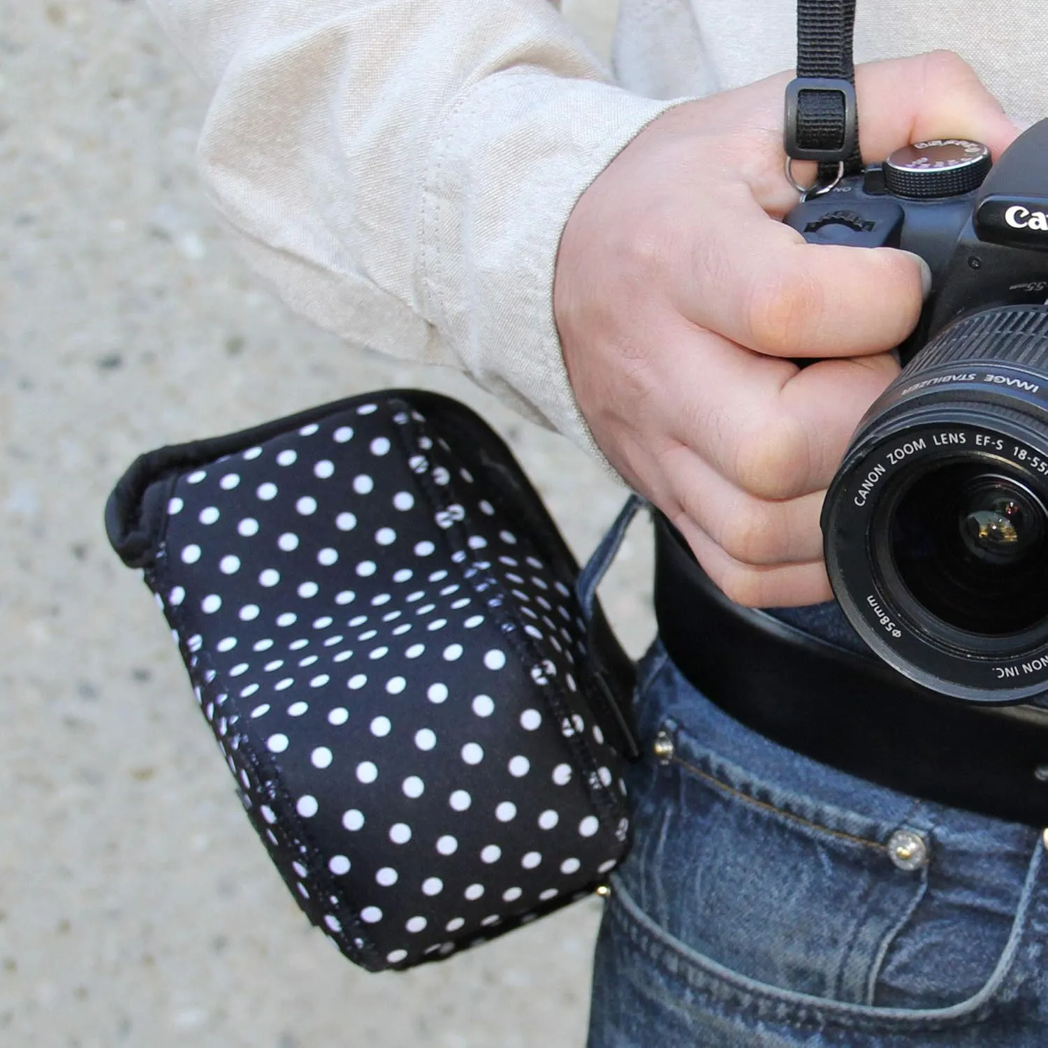 USA GEAR DSLR Camera Sleeve with Neoprene Protection, Holster Belt Loop and Accessory Storage - Compatible with Canon EOS Rebel T7, 850D, 250D, SL3, R7, Nikon D3500, D5600, and More (Polka Dot)