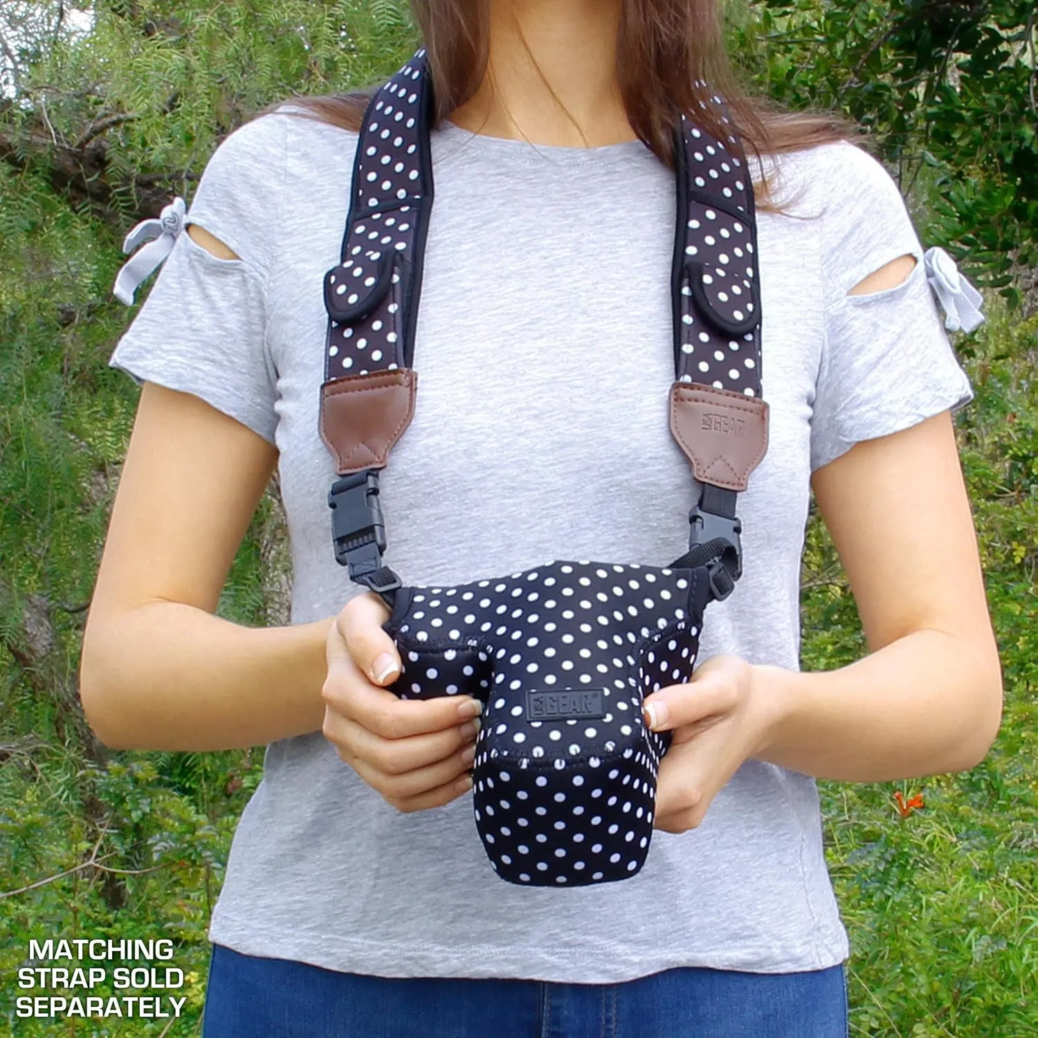 USA GEAR DSLR Camera Sleeve with Neoprene Protection, Holster Belt Loop and Accessory Storage - Compatible with Canon EOS Rebel T7, 850D, 250D, SL3, R7, Nikon D3500, D5600, and More (Polka Dot)