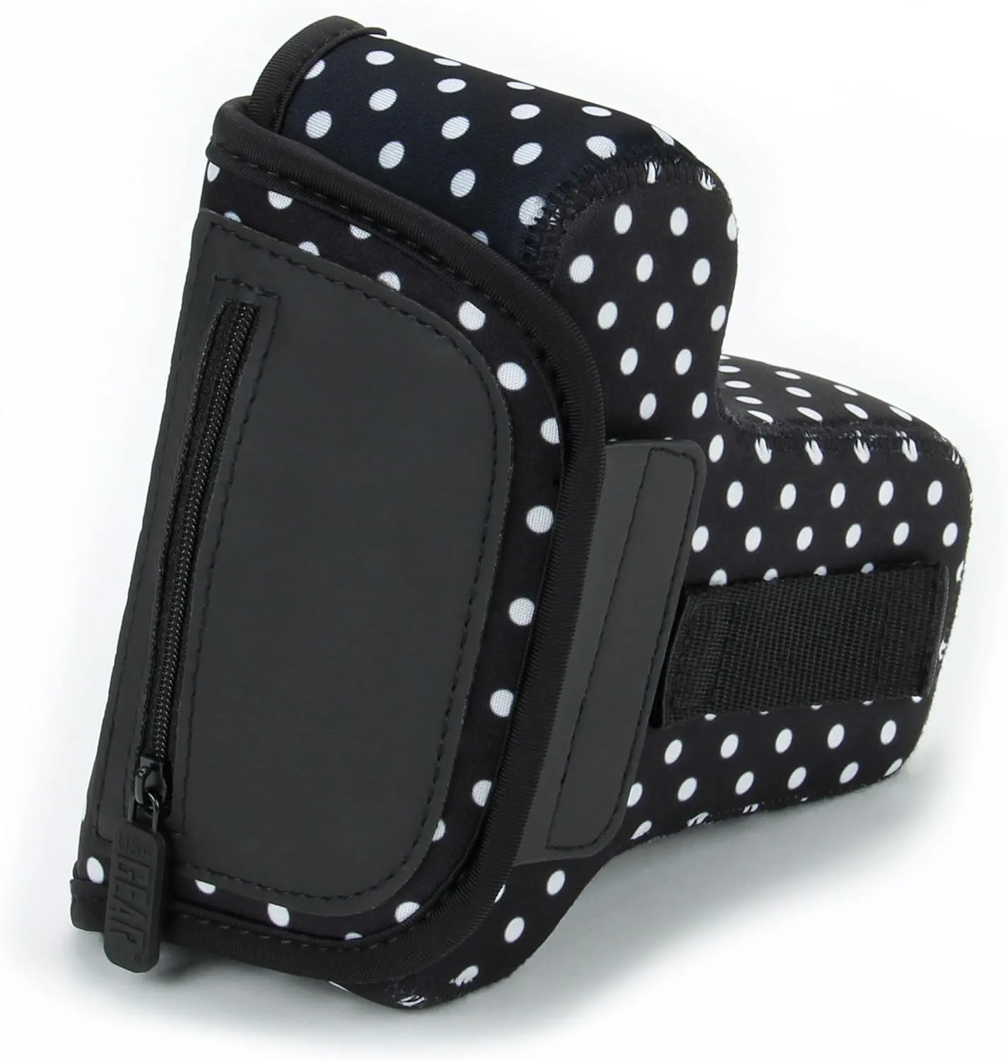USA GEAR DSLR Camera Sleeve with Neoprene Protection, Holster Belt Loop and Accessory Storage - Compatible with Canon EOS Rebel T7, 850D, 250D, SL3, R7, Nikon D3500, D5600, and More (Polka Dot)
