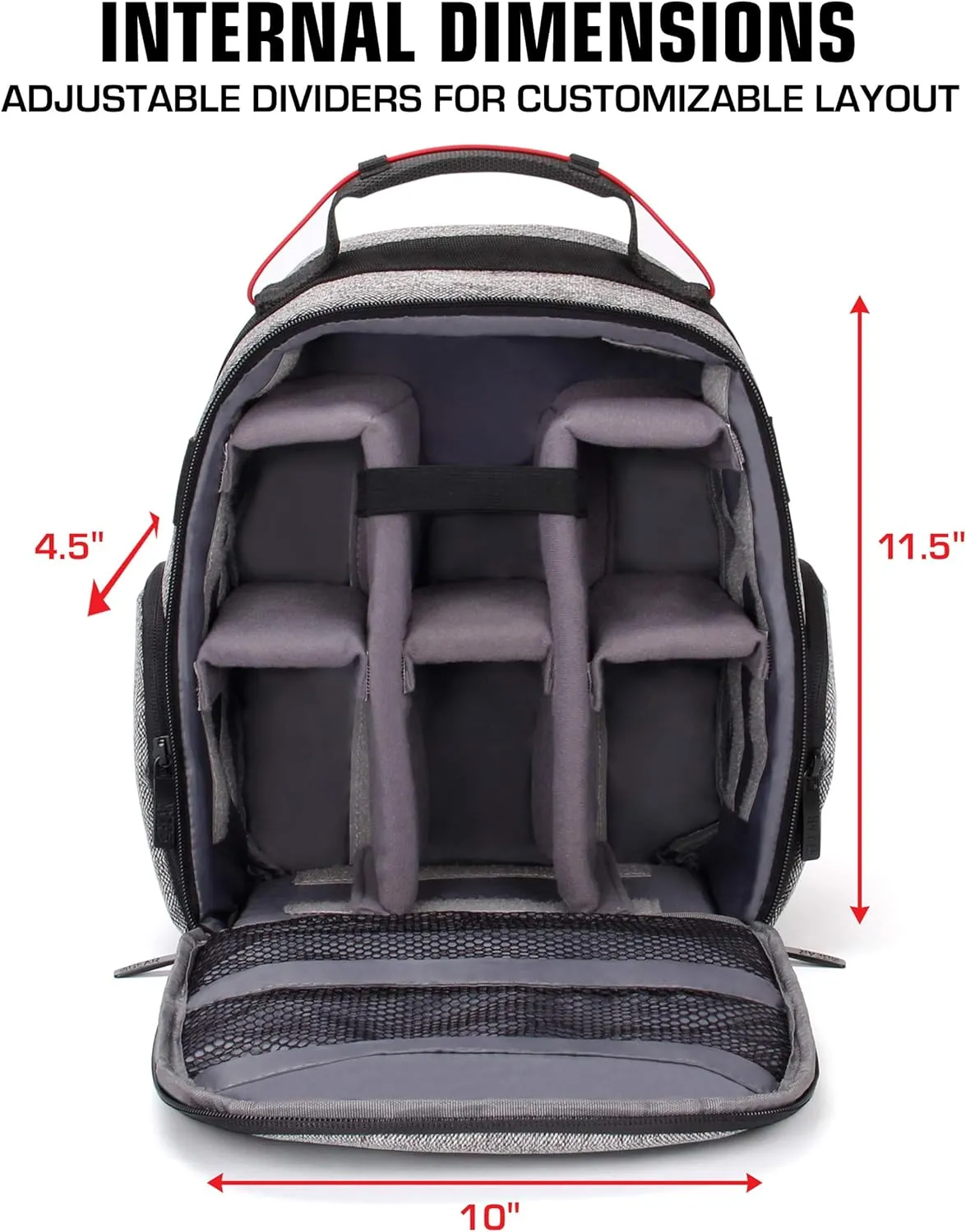 USA GEAR Portable Camera Backpack for DSLR with Customizable Accessory Dividers, Weather Resistant Bottom and Comfortable Back Support - Compatible with Canon, Nikon, Sony, Fujifilm, and More (Gray)