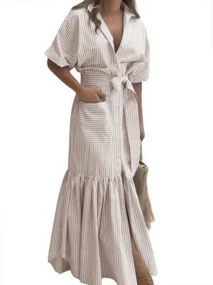 utcoco Women's 2025 Summer Casual Striped Button Down Maxi Dress Tie Waist Short Sleeve Shirt Dress with Pockets