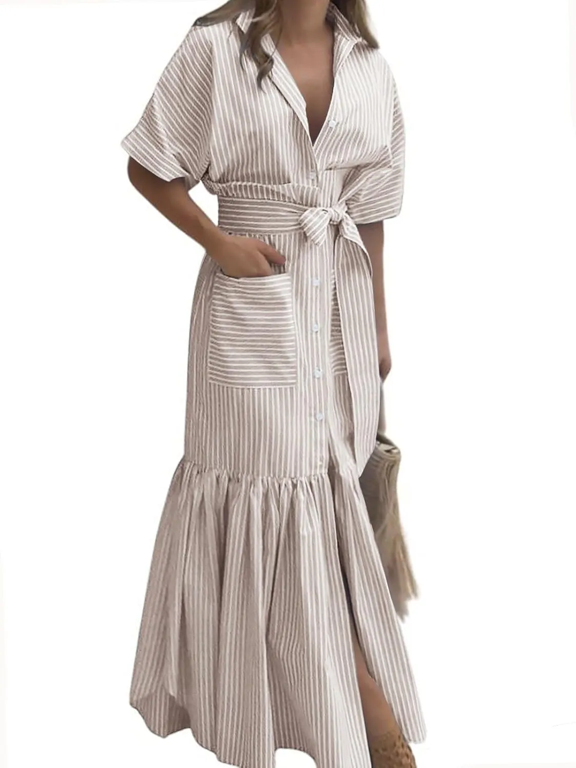 utcoco Women's 2025 Summer Casual Striped Button Down Maxi Dress Tie Waist Short Sleeve Shirt Dress with Pockets
