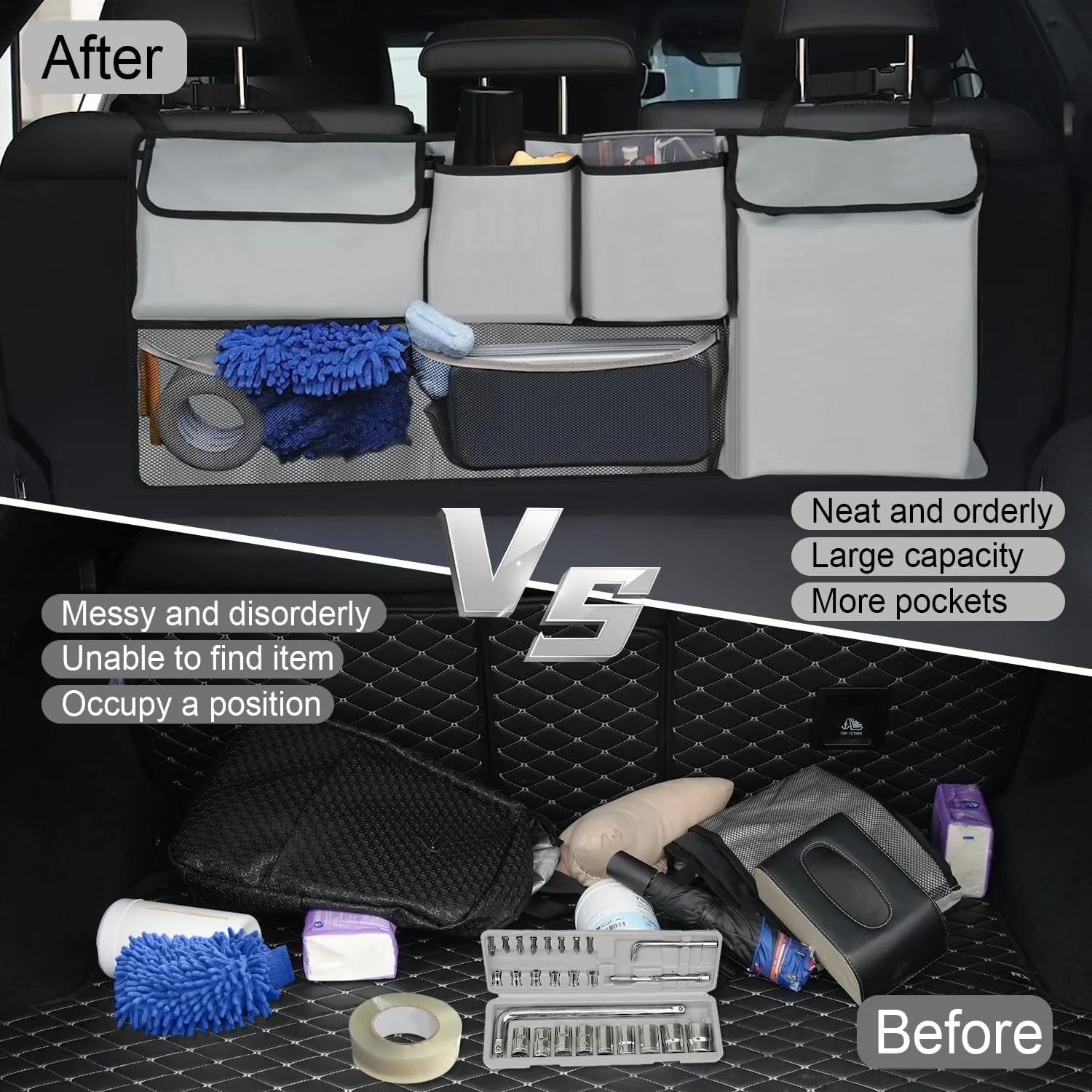 UYYE Trunk Hanging Organizer, Backseat Storage Bag, Collapsible Car Interior Accessories with 4 Pockets & 2 Mesh Pouches for Tools, Provide More Storage Trunk Space for SUV, Jeep, MPVs (Light Grey)