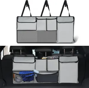UYYE Trunk Hanging Organizer, Backseat Storage Bag, Collapsible Car Interior Accessories with 4 Pockets & 2 Mesh Pouches for Tools, Provide More Storage Trunk Space for SUV, Jeep, MPVs (Light Grey)