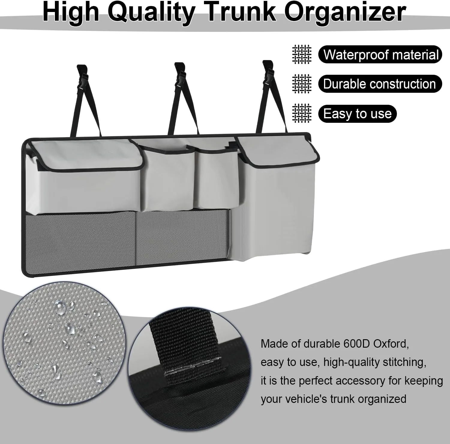 UYYE Trunk Hanging Organizer, Backseat Storage Bag, Collapsible Car Interior Accessories with 4 Pockets & 2 Mesh Pouches for Tools, Provide More Storage Trunk Space for SUV, Jeep, MPVs (Light Grey)