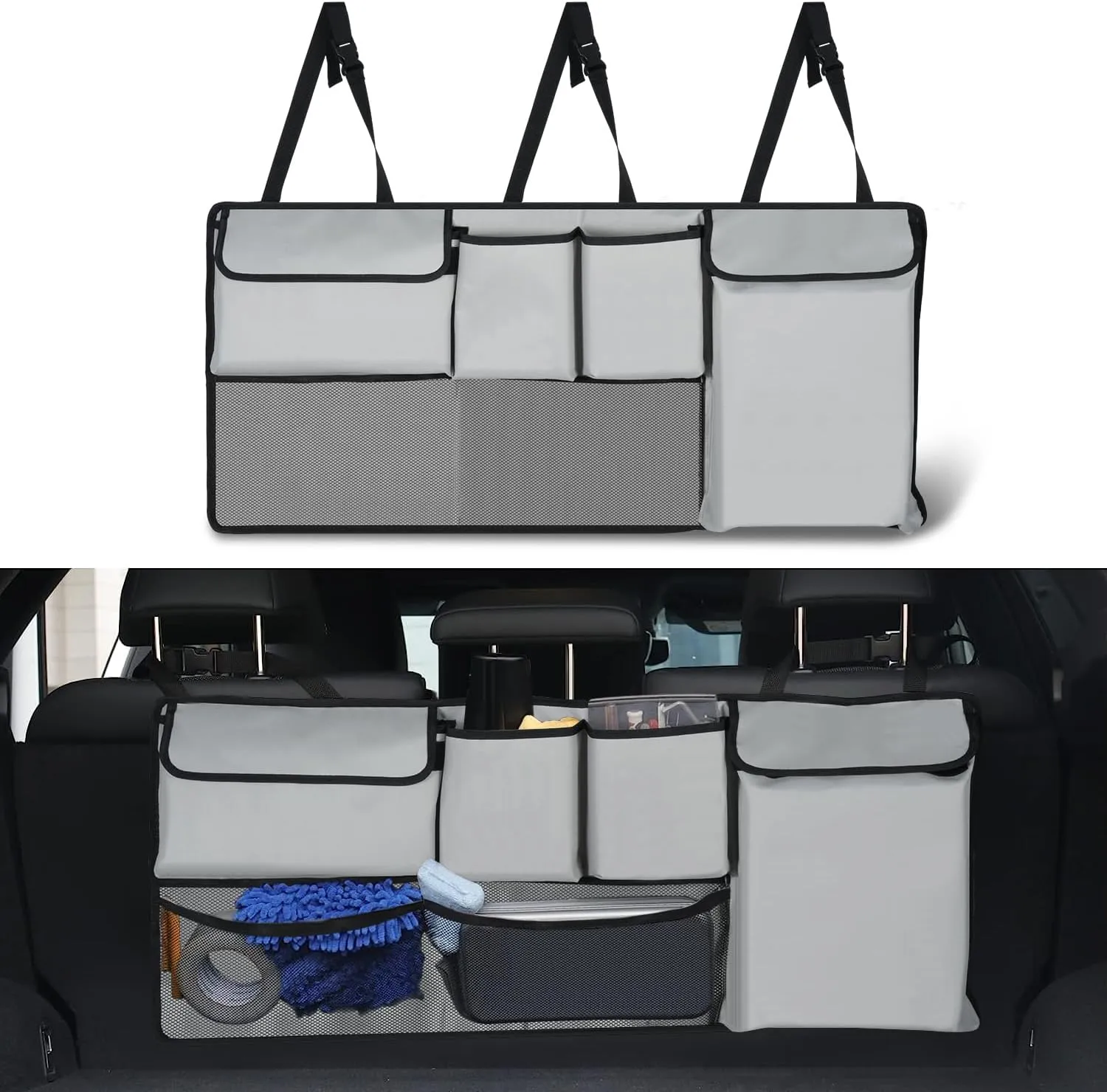 UYYE Trunk Hanging Organizer, Backseat Storage Bag, Collapsible Car Interior Accessories with 4 Pockets & 2 Mesh Pouches for Tools, Provide More Storage Trunk Space for SUV, Jeep, MPVs (Light Grey)