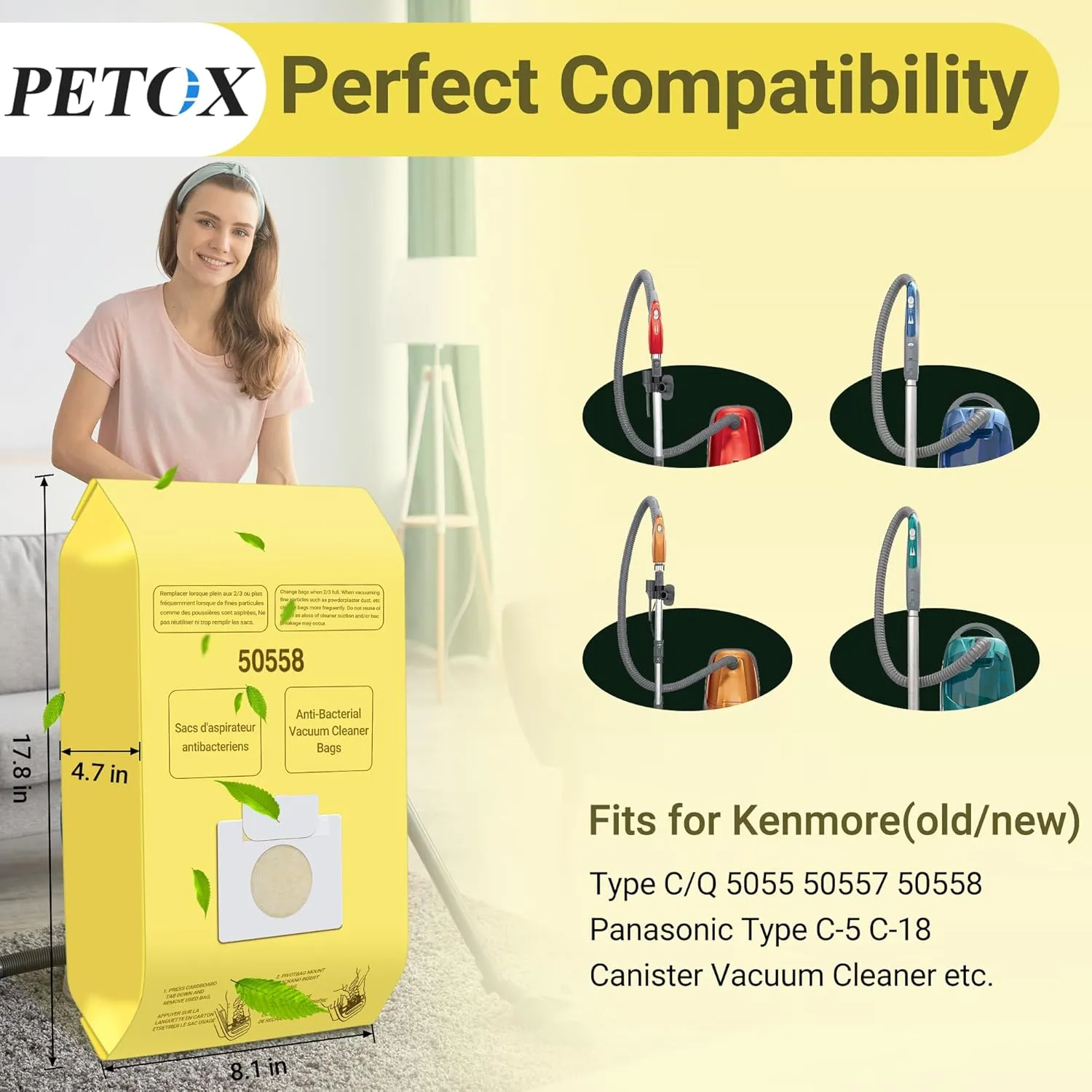 Vacuum Cleaner Bags Replacement for Kenmore Canister Type C/Q 5055, 50557, 50558 and Pana·sonic Type C-5 Vacuums, 15 Pack High-Efficiency Replacement Canister Vacuum Bags by PETOX