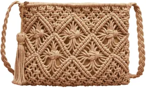 Van Caro Handwoven Cotton Straw Shoulder Bag Crochet Tassel Beach Bohemian Purse for Women