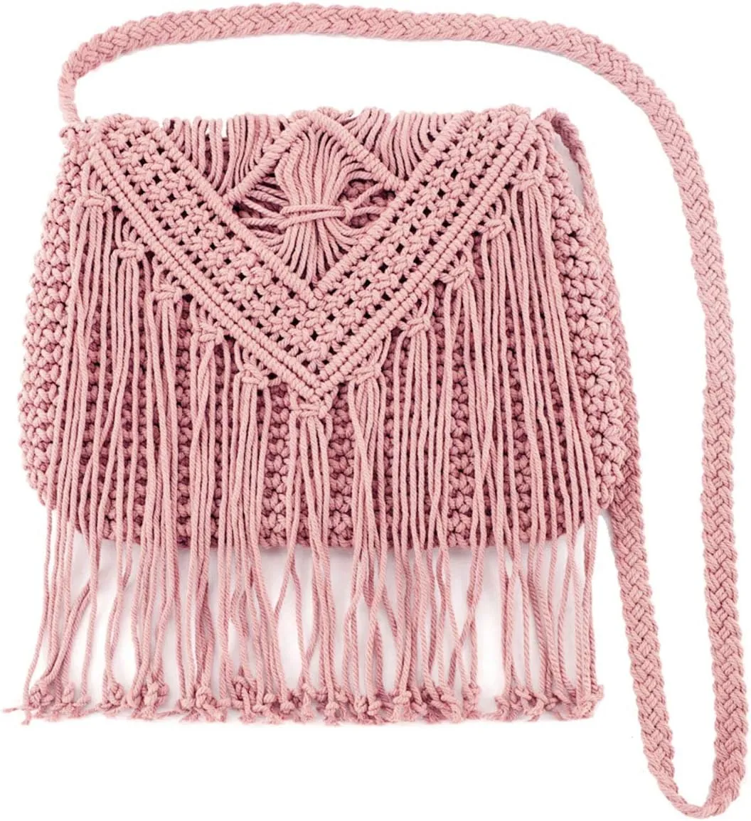 Van Caro Handwoven Cotton Straw Shoulder Bag Crochet Tassel Beach Bohemian Purse for Women