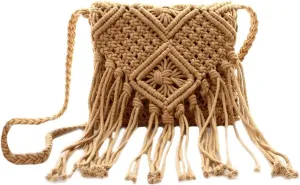 Van Caro Handwoven Cotton Straw Shoulder Bag Crochet Tassel Beach Bohemian Purse for Women