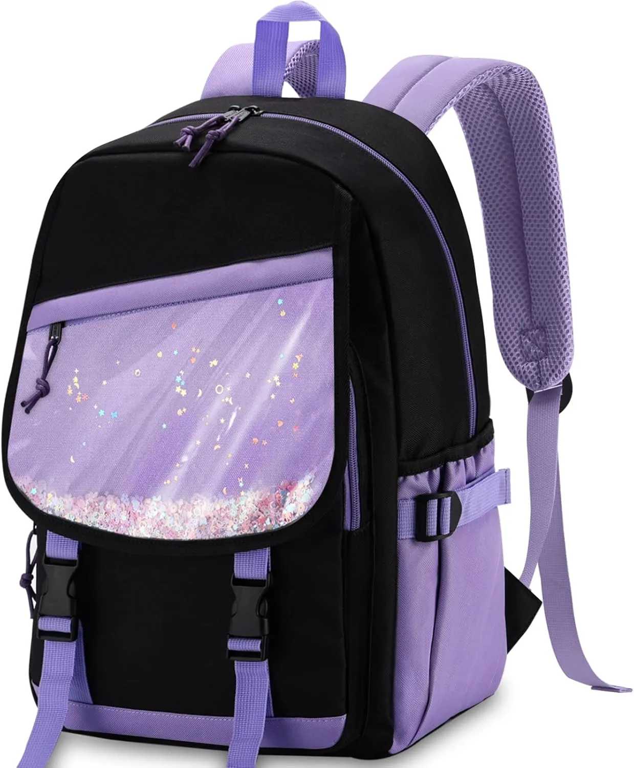 VASCHY Backpack for Girls, Cute Elementary School Bag Bookbag for Primary Schooler Kids with Sparkling Sequin Clear Pocket Black Purple