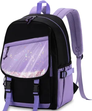 VASCHY Backpack for Girls, Cute Elementary School Bag Bookbag for Primary Schooler Kids with Sparkling Sequin Clear Pocket Black Purple