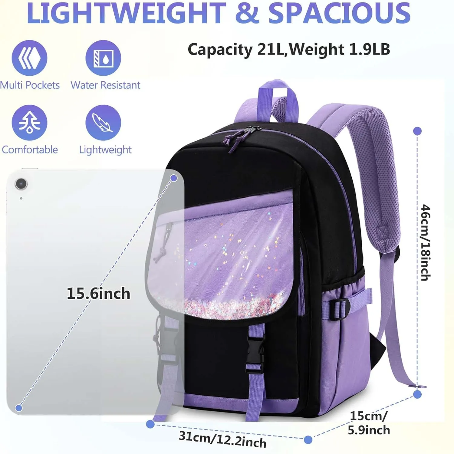 VASCHY Backpack for Girls, Cute Elementary School Bag Bookbag for Primary Schooler Kids with Sparkling Sequin Clear Pocket Black Purple