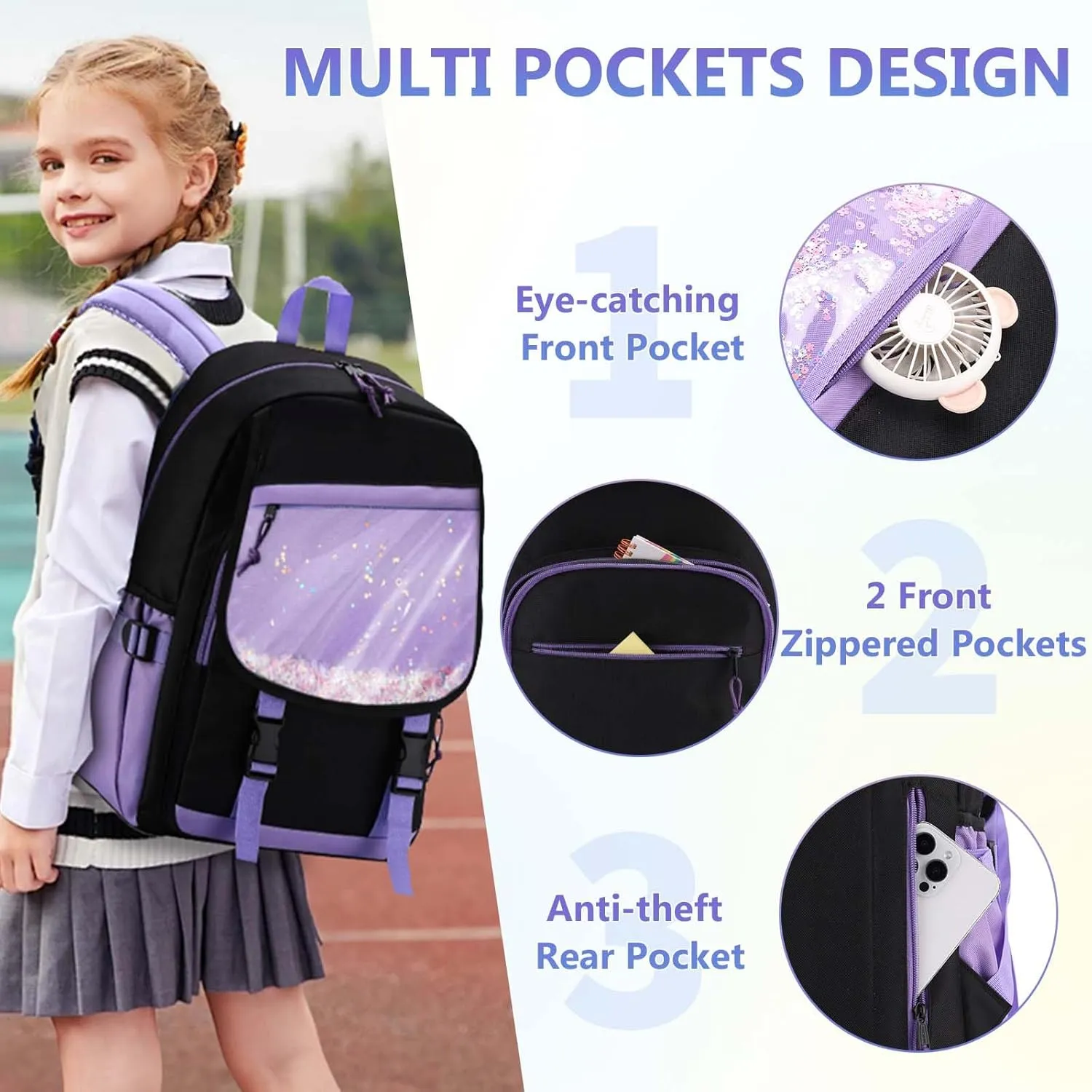 VASCHY Backpack for Girls, Cute Elementary School Bag Bookbag for Primary Schooler Kids with Sparkling Sequin Clear Pocket Black Purple