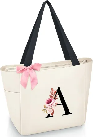Vavabox Tote Bag, A-Z Initial Monogrammed Waterproof Tote Bag, Bridesmaid Gifts for Women, Black and Pink