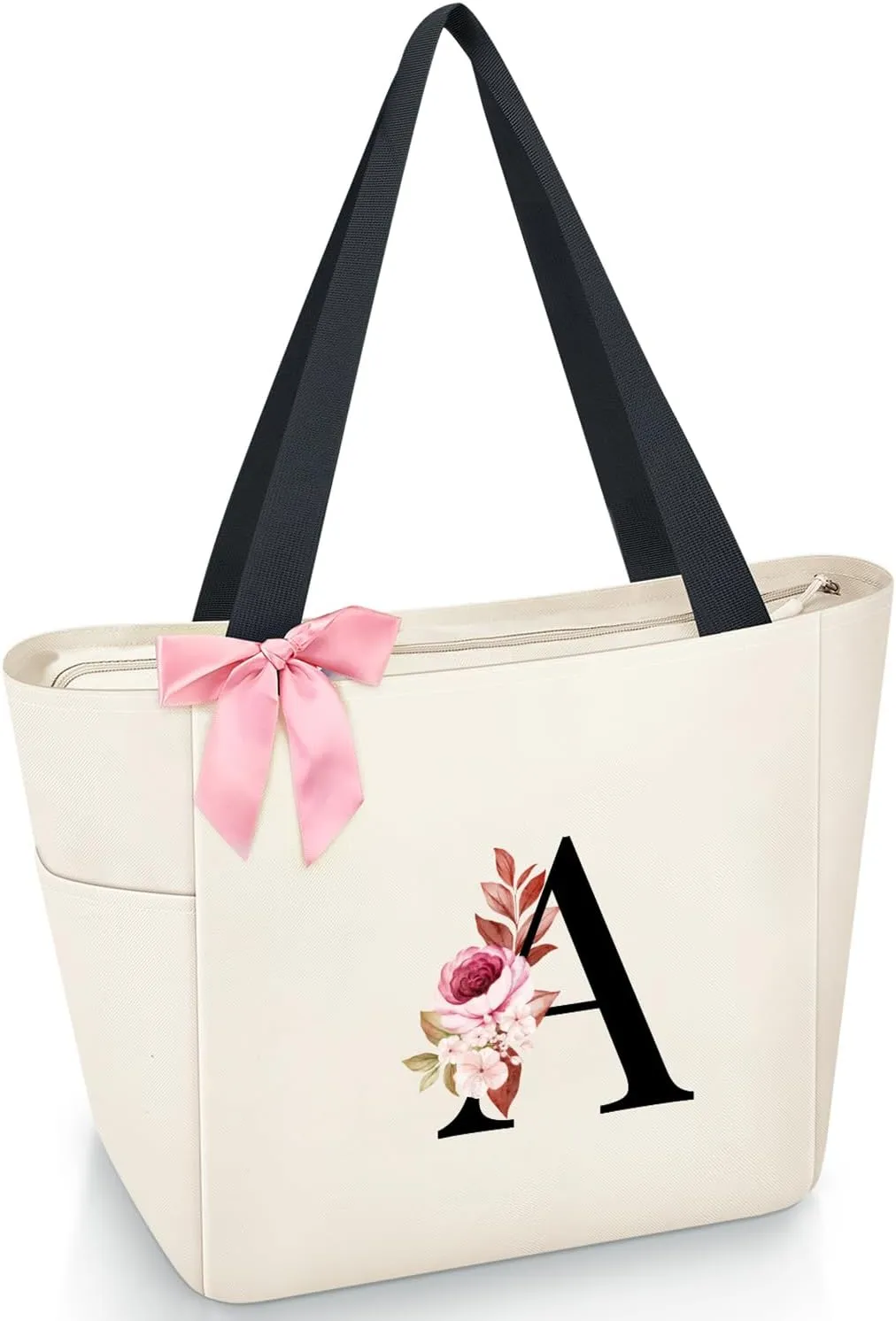 Vavabox Tote Bag, A-Z Initial Monogrammed Waterproof Tote Bag, Bridesmaid Gifts for Women, Black and Pink