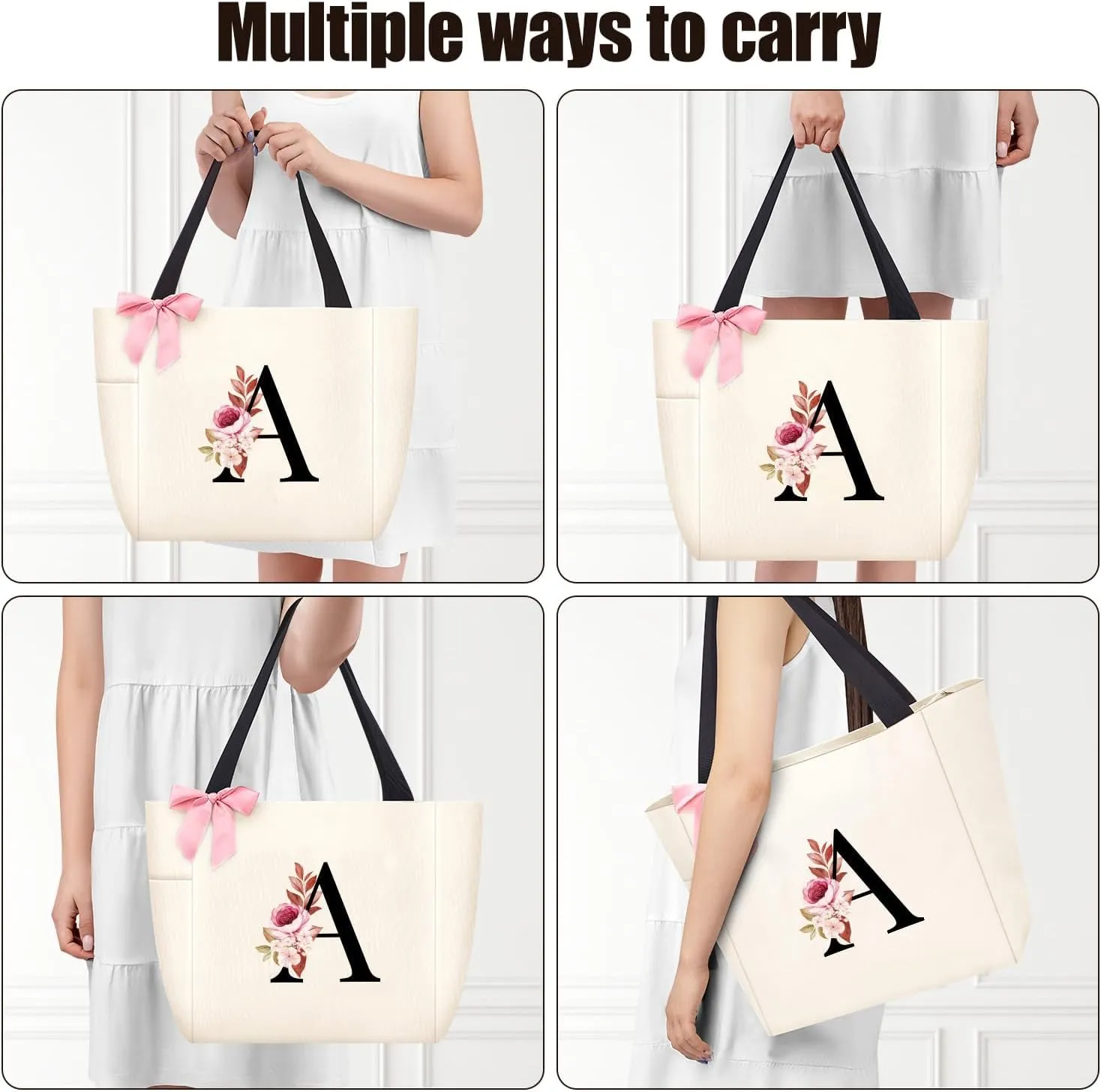 Vavabox Tote Bag, A-Z Initial Monogrammed Waterproof Tote Bag, Bridesmaid Gifts for Women, Black and Pink