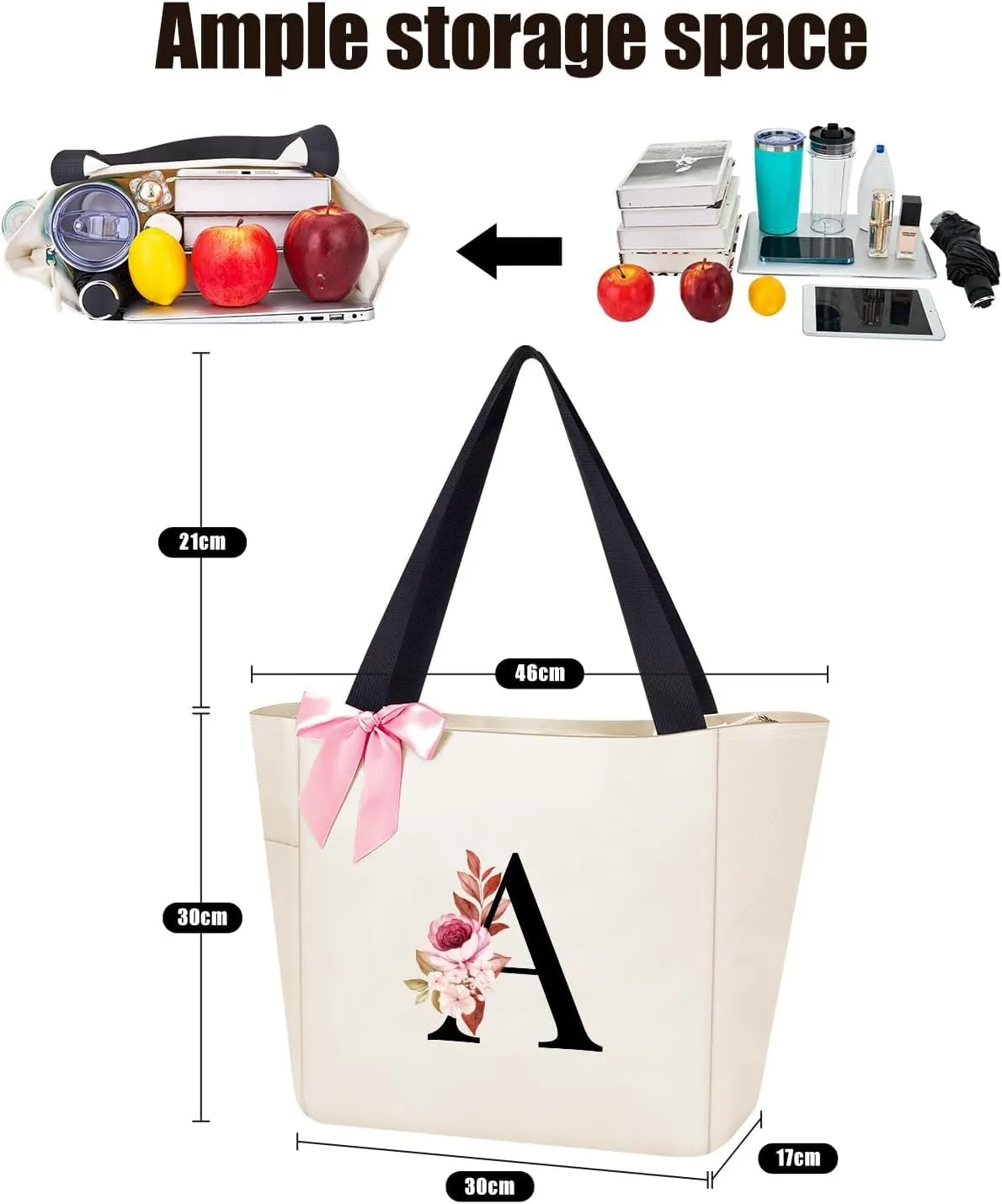 Vavabox Tote Bag, A-Z Initial Monogrammed Waterproof Tote Bag, Bridesmaid Gifts for Women, Black and Pink