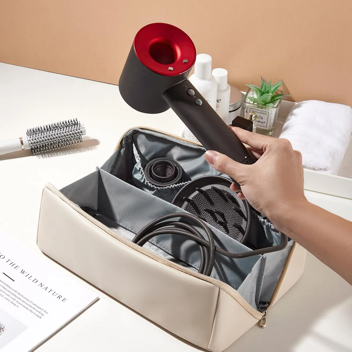 Veki Travel Storage Case for Dyson Airwrap Styler, Large Opening Travel Storage Bag Compatible for Shark Flexstyle Air Styling & Drying System, Portable Carrying Organizer for Hair Curler (Off-White)
