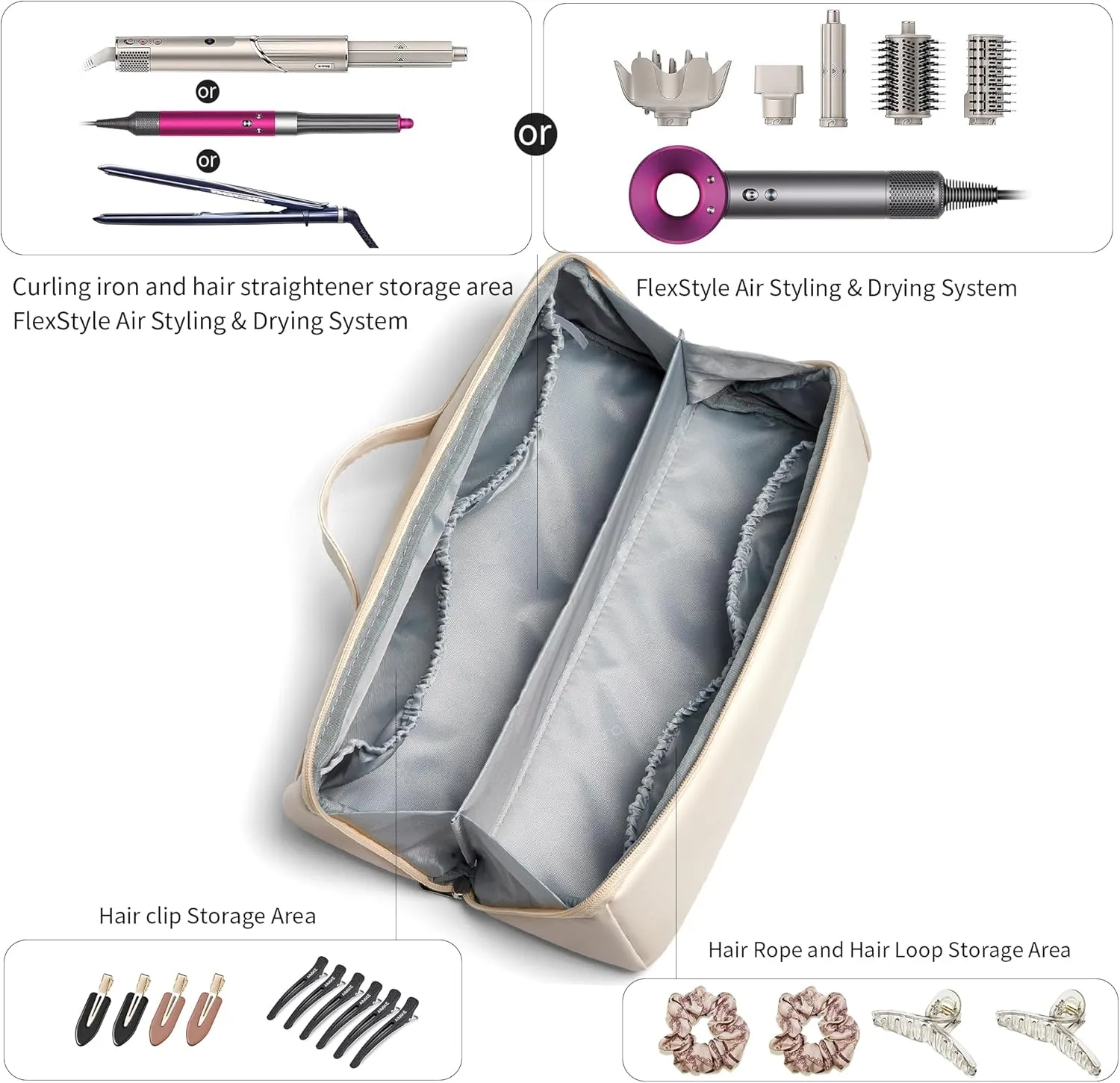 Veki Travel Storage Case for Dyson Airwrap Styler, Large Opening Travel Storage Bag Compatible for Shark Flexstyle Air Styling & Drying System, Portable Carrying Organizer for Hair Curler (Off-White)