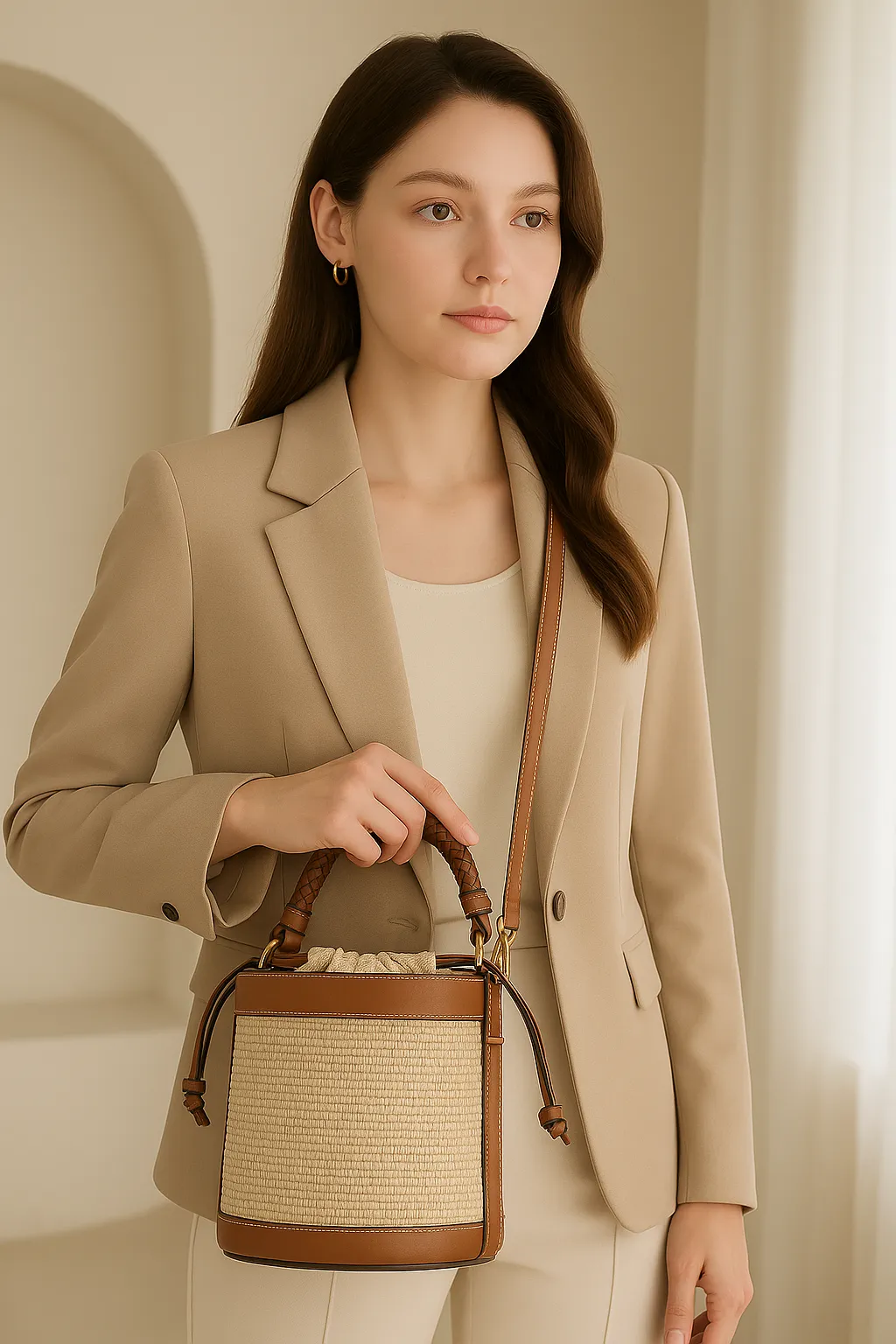 Veloria™ Panelled Straw Bucket Bag