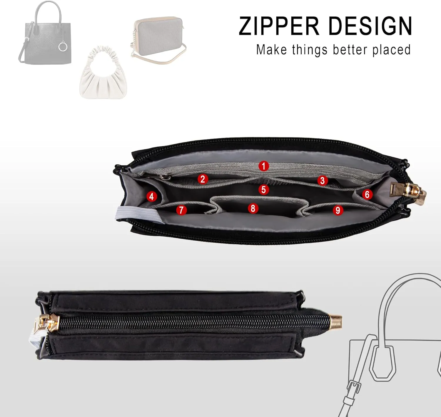 Vercord Purse Organizer Insert with Zipper for Women Hobo Handbags Shaper Insert 12 Pockets Bag Black Small