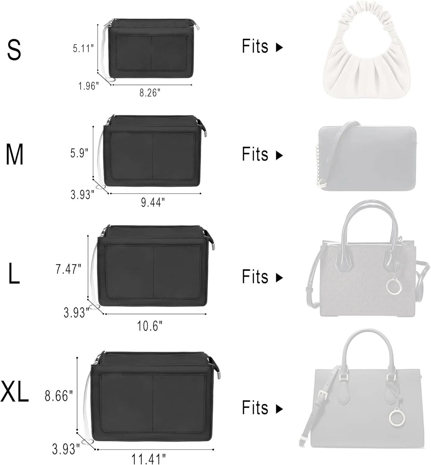 Vercord Purse Organizer Insert with Zipper for Women Hobo Handbags Shaper Insert 12 Pockets Bag Black Small
