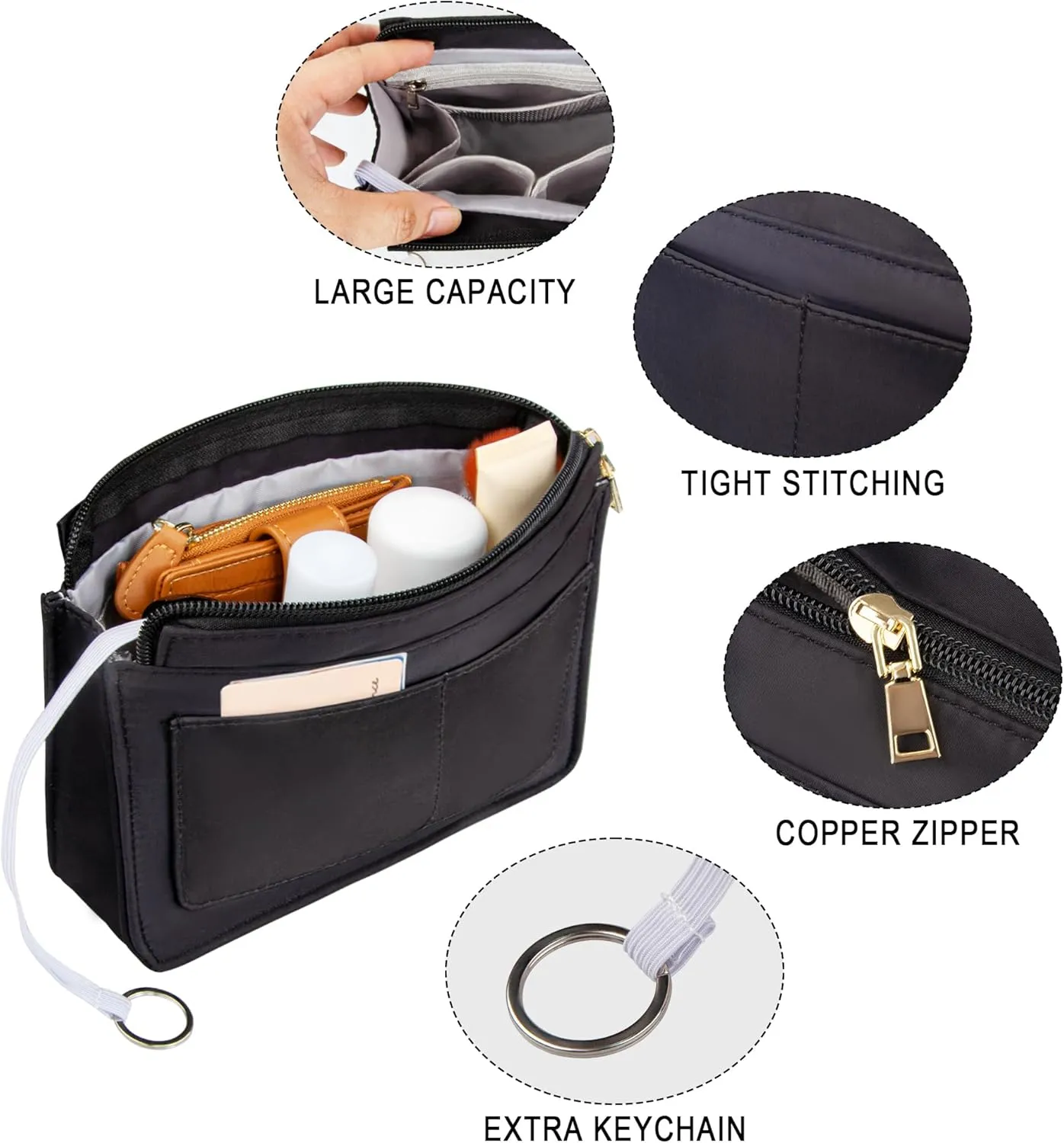 Vercord Purse Organizer Insert with Zipper for Women Hobo Handbags Shaper Insert 12 Pockets Bag Black Small