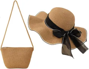 Verdusa Women's Bow Wide Brim Straw Sun Hat and Crossbody Straw Bag Set
