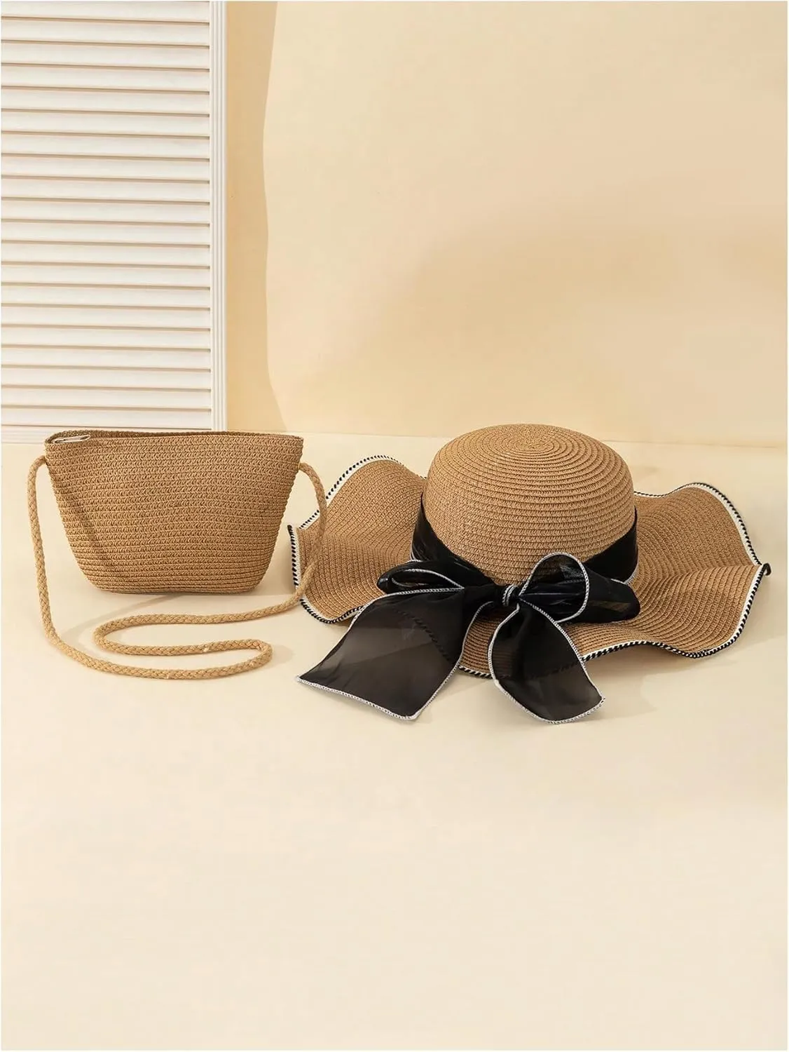 Verdusa Women's Bow Wide Brim Straw Sun Hat and Crossbody Straw Bag Set