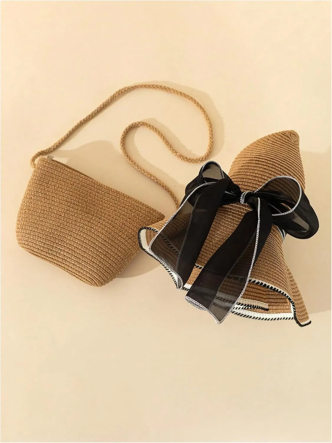 Verdusa Women's Bow Wide Brim Straw Sun Hat and Crossbody Straw Bag Set