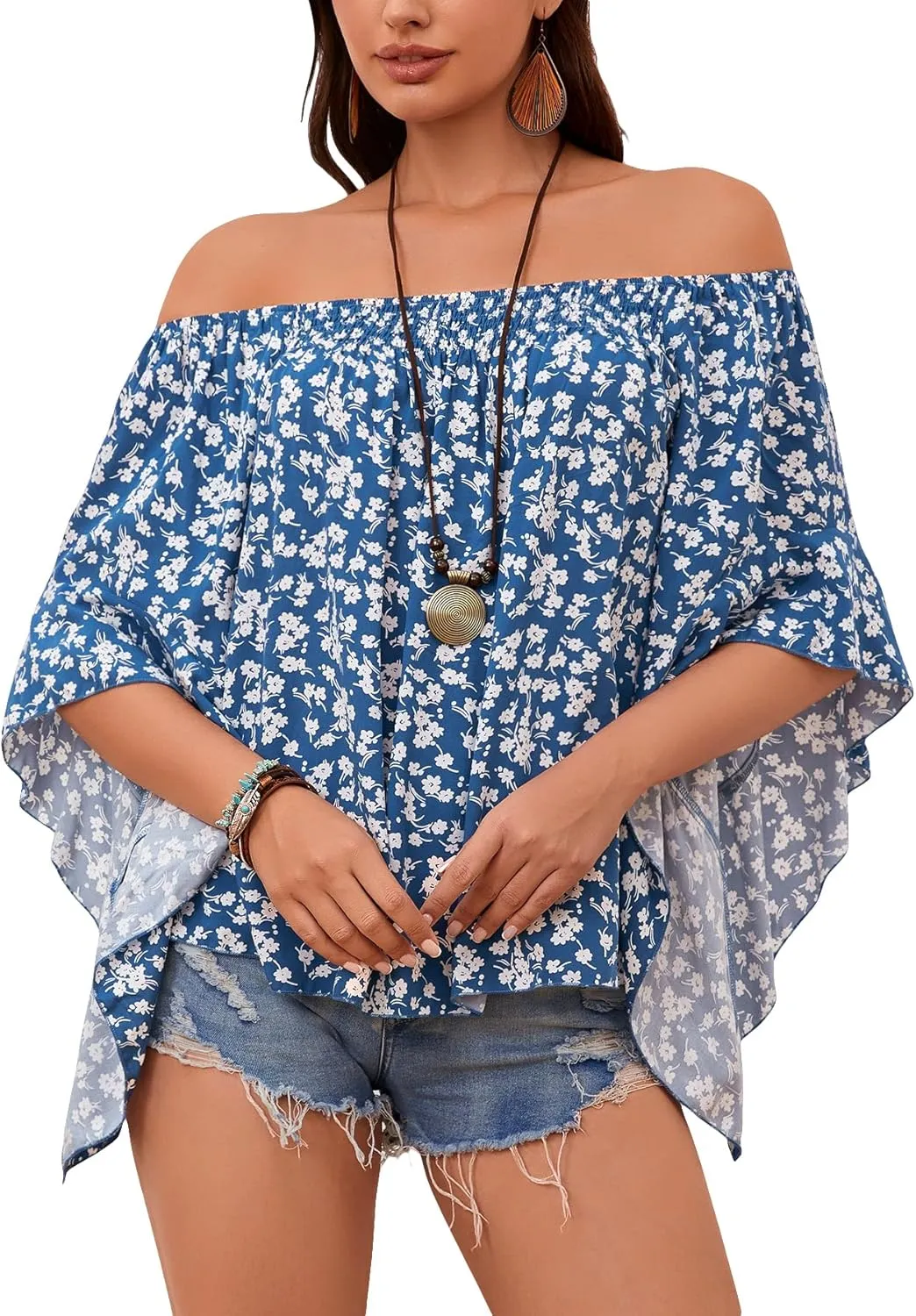 Verdusa Women's Off Shoulder Shirred Half Sleeve Loose Striped Blouse Shirt Top