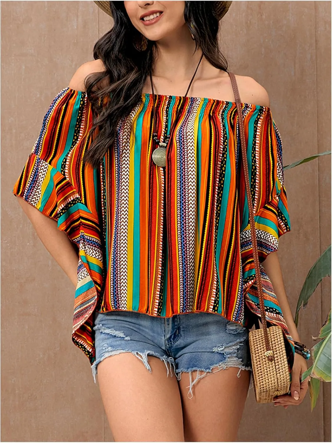 Verdusa Women's Off Shoulder Shirred Half Sleeve Loose Striped Blouse Shirt Top