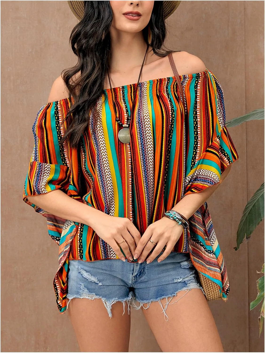 Verdusa Women's Off Shoulder Shirred Half Sleeve Loose Striped Blouse Shirt Top