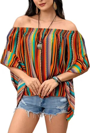 Verdusa Women's Off Shoulder Shirred Half Sleeve Loose Striped Blouse Shirt Top