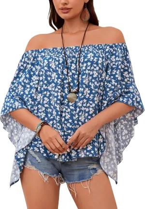 Verdusa Women's Off Shoulder Shirred Half Sleeve Loose Striped Blouse Shirt Top
