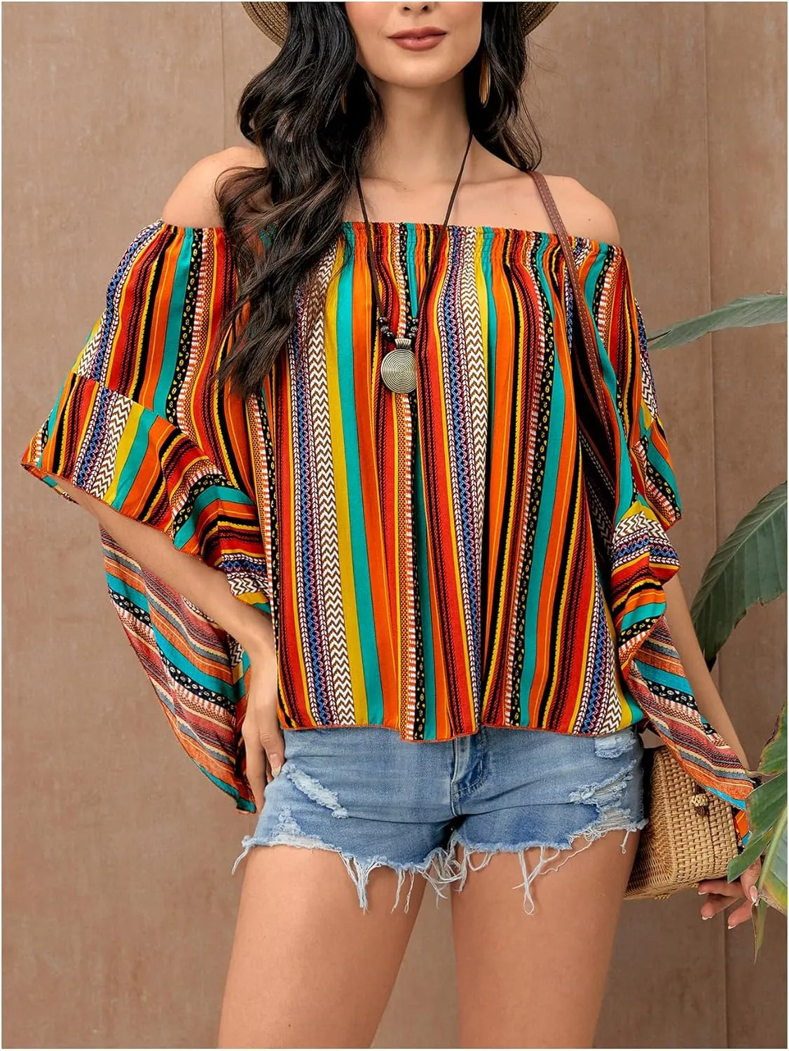 Verdusa Women's Off Shoulder Shirred Half Sleeve Loose Striped Blouse Shirt Top