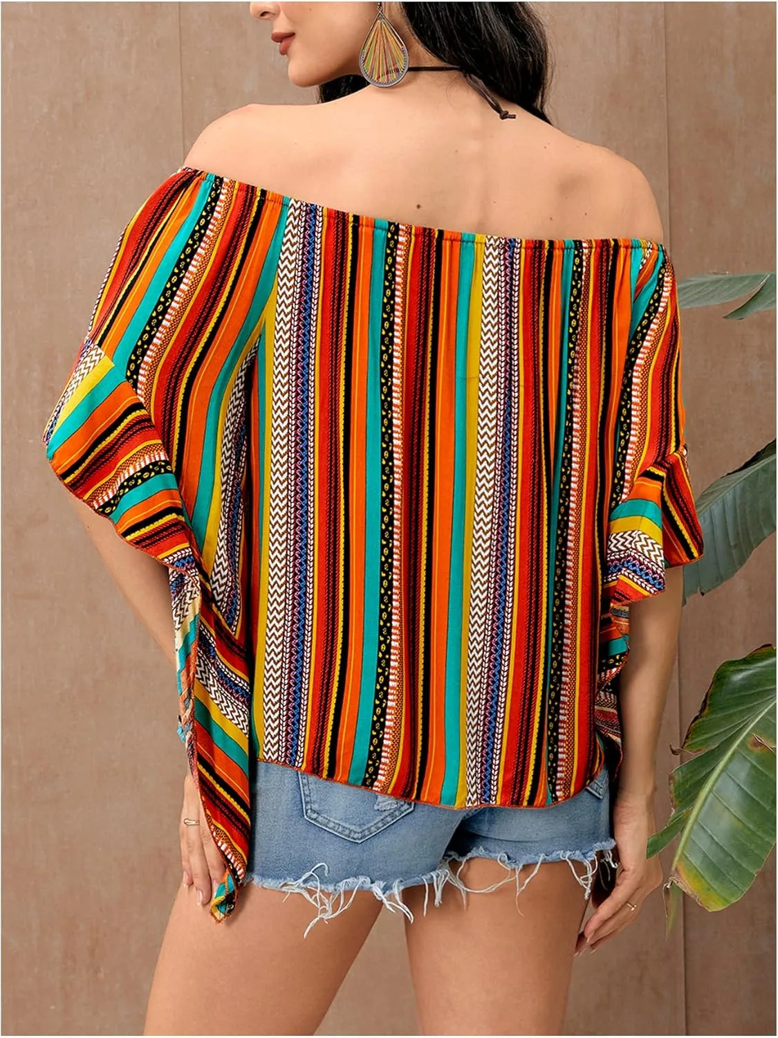 Verdusa Women's Off Shoulder Shirred Half Sleeve Loose Striped Blouse Shirt Top