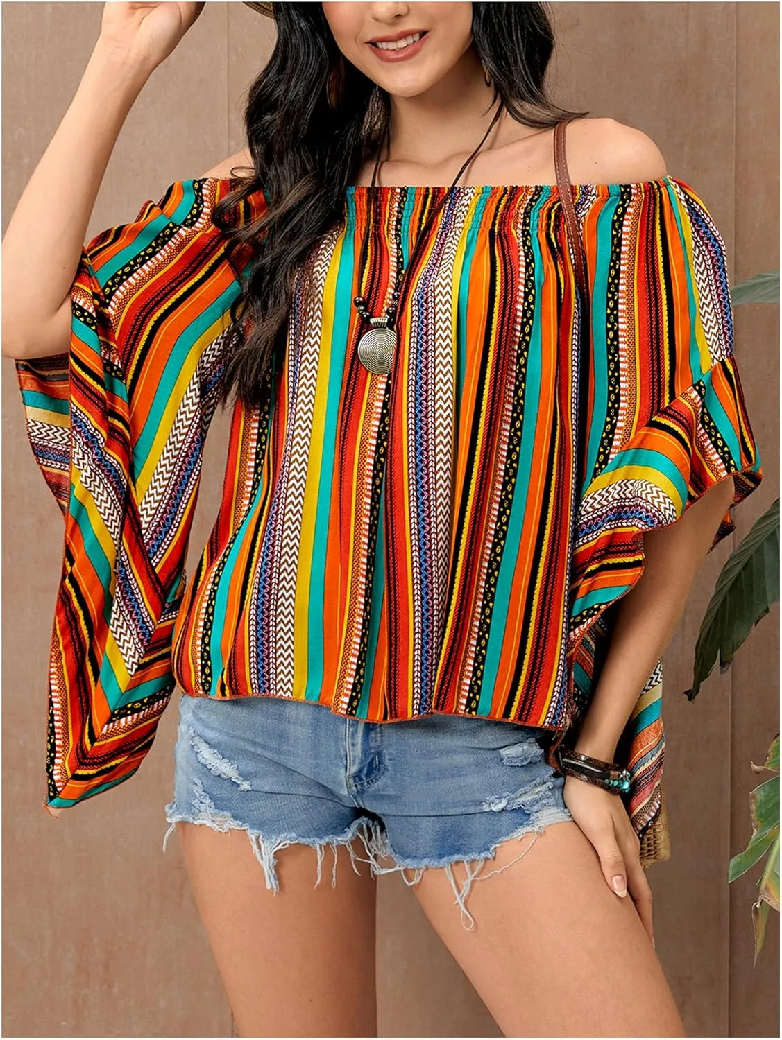 Verdusa Women's Off Shoulder Shirred Half Sleeve Loose Striped Blouse Shirt Top