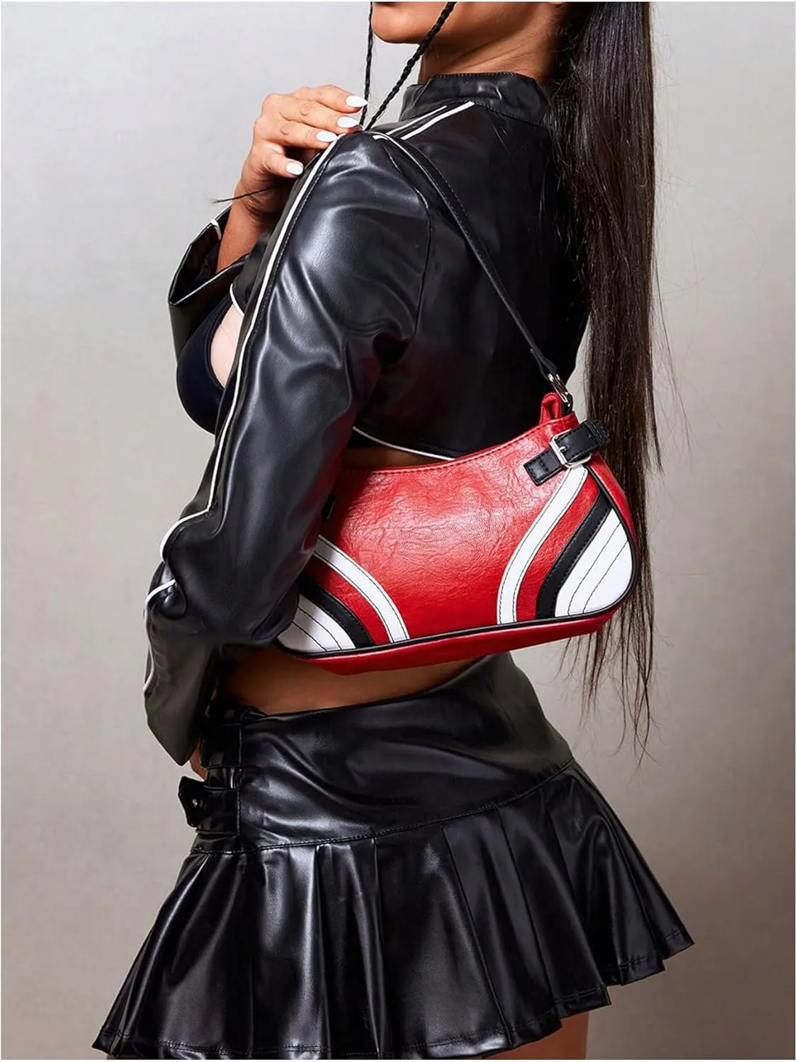 Verdusa Women's Punk Colorblock PU Leather Shoulder Bag Top Handle Underarm Bag