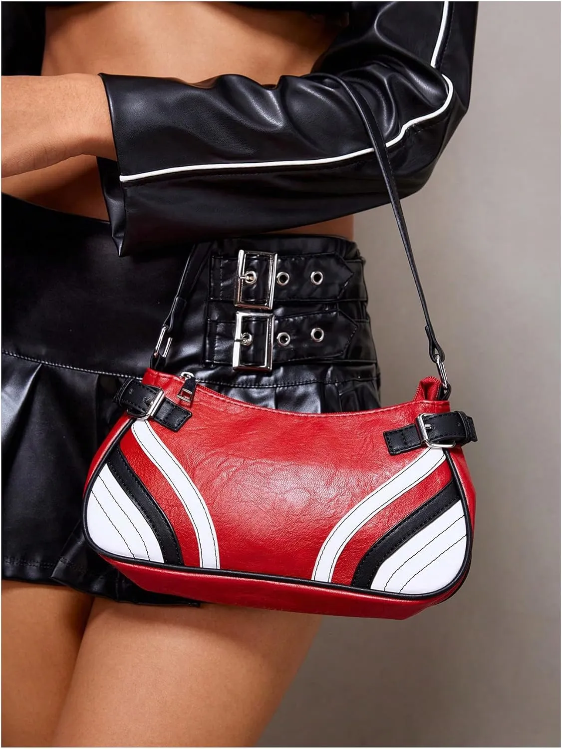 Verdusa Women's Punk Colorblock PU Leather Shoulder Bag Top Handle Underarm Bag