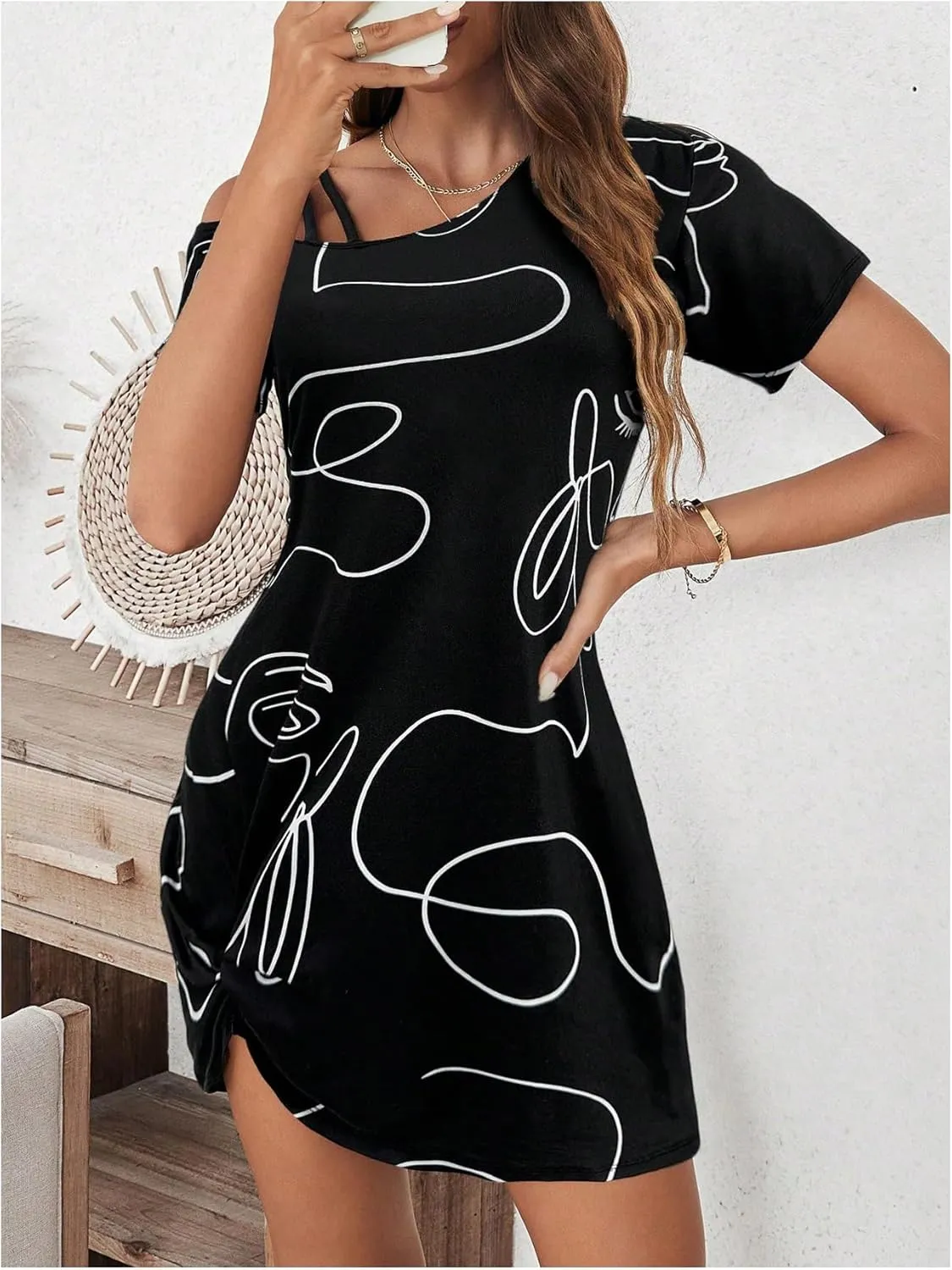 Verdusa Women's Striped Off The Shoulder Short Dress Short Sleeve Twist Mini Summer Dress