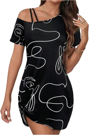 Verdusa Women's Striped Off The Shoulder Short Dress Short Sleeve Twist Mini Summer Dress