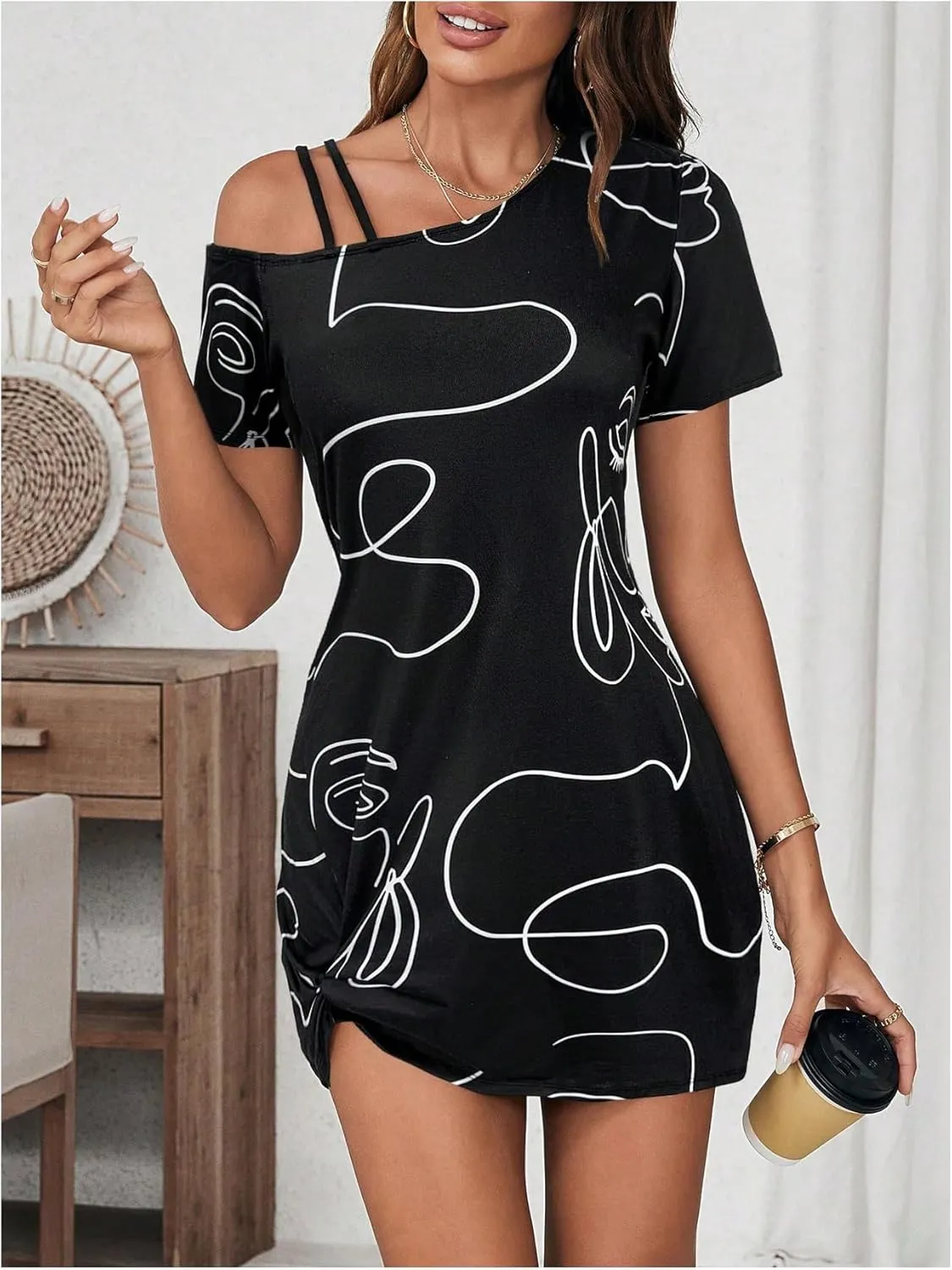 Verdusa Women's Striped Off The Shoulder Short Dress Short Sleeve Twist Mini Summer Dress
