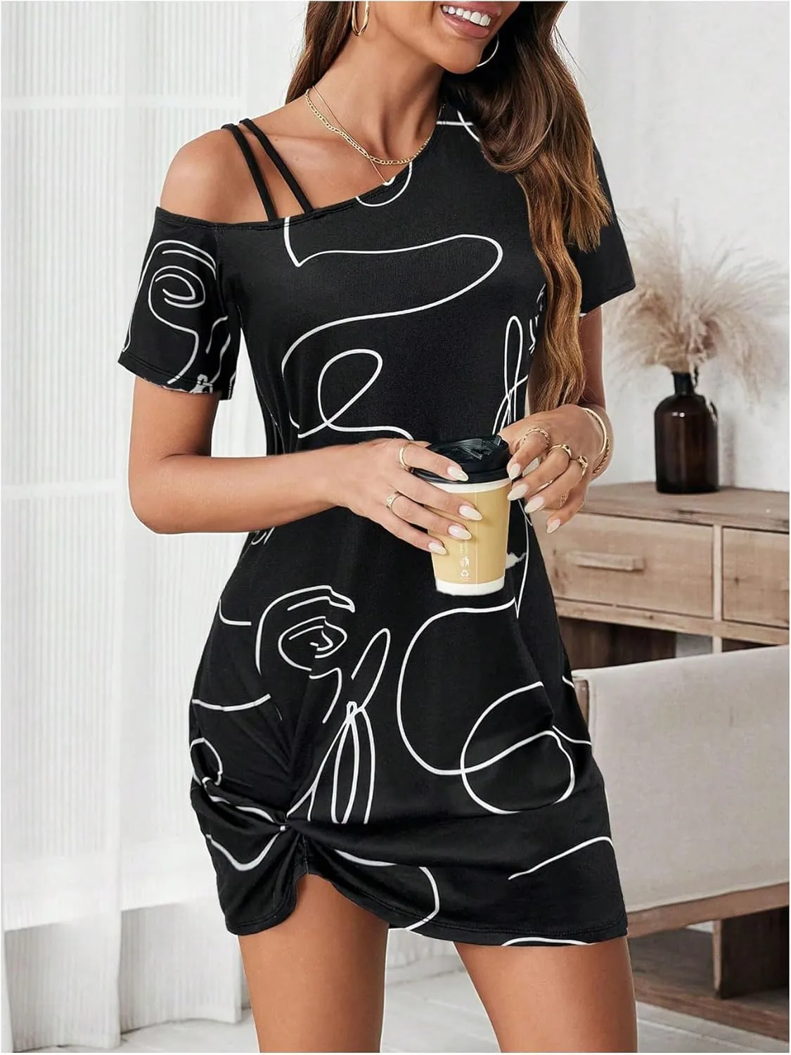 Verdusa Women's Striped Off The Shoulder Short Dress Short Sleeve Twist Mini Summer Dress