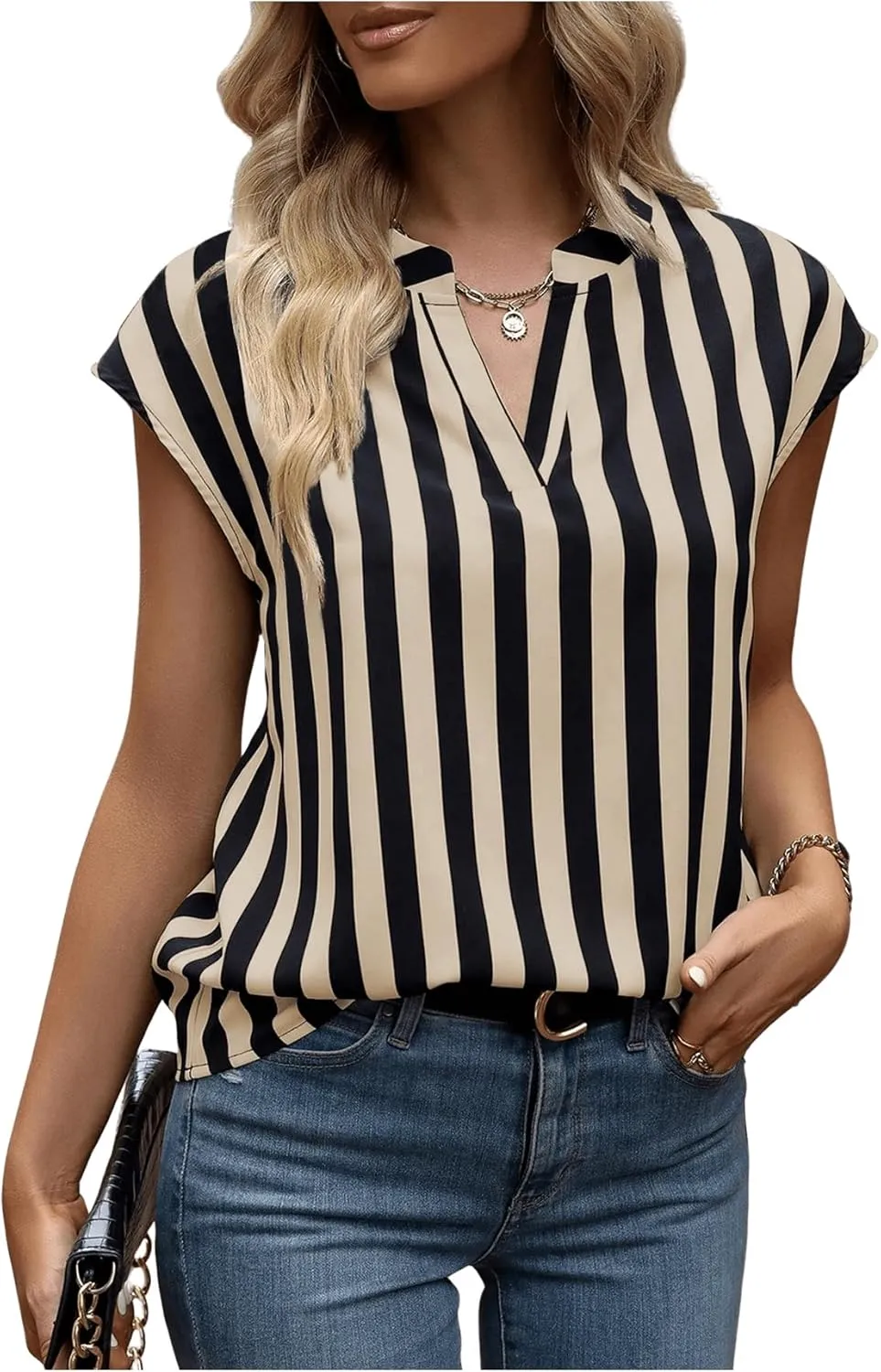 Verdusa Women's Striped Print Notched V Neck Blouse Cap Sleeve Tops