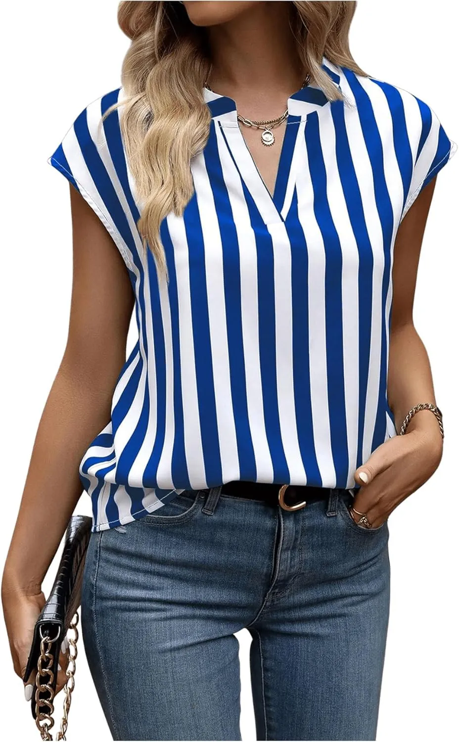 Verdusa Women's Striped Print Notched V Neck Blouse Cap Sleeve Tops