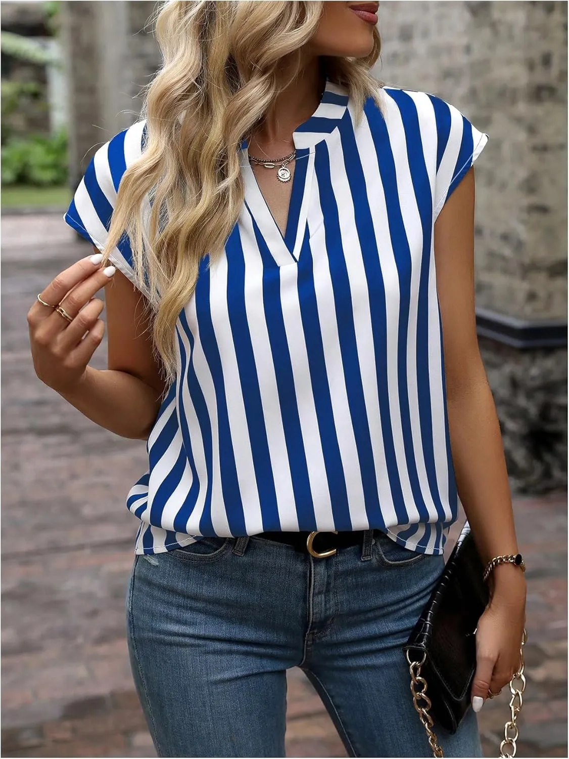 Verdusa Women's Striped Print Notched V Neck Blouse Cap Sleeve Tops